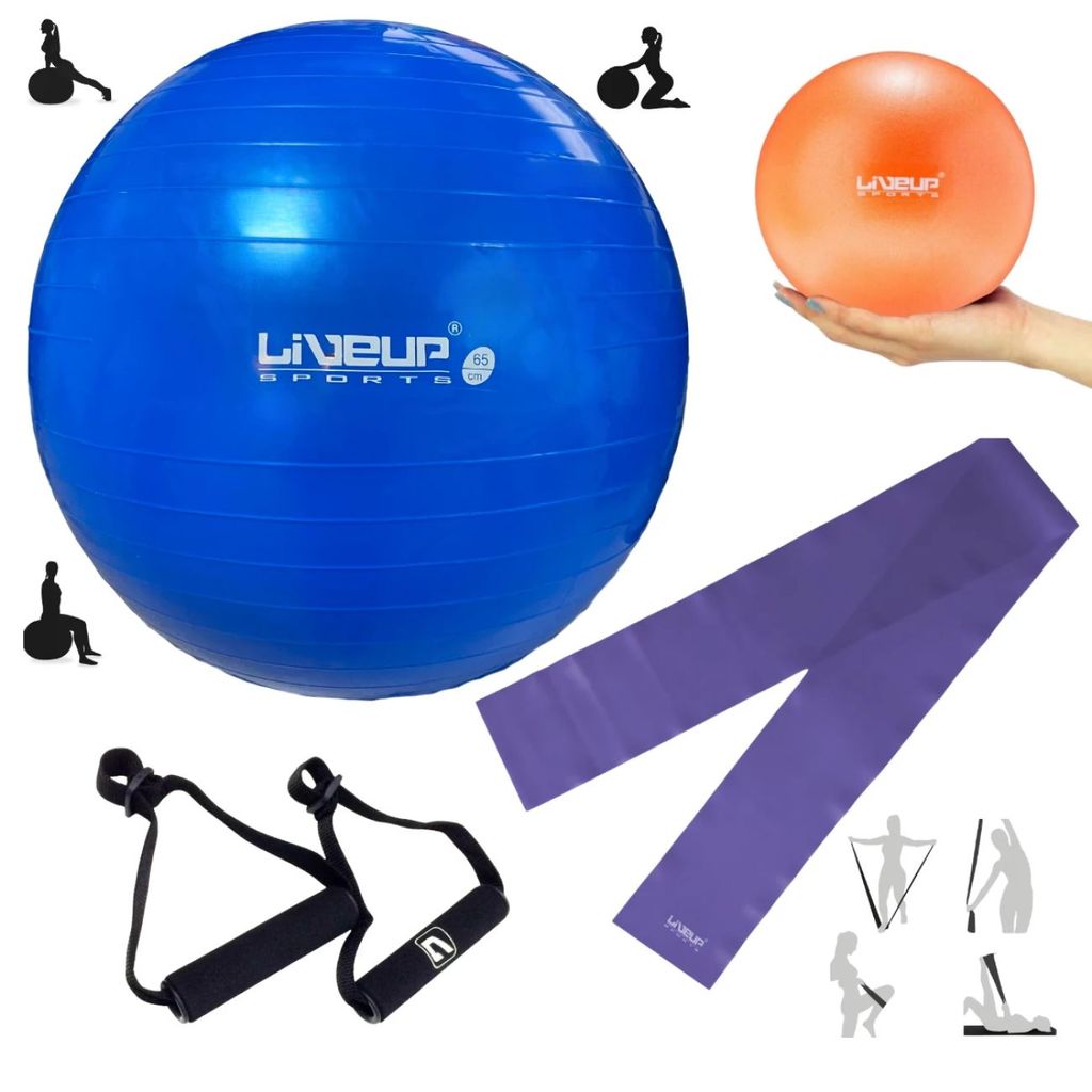Kit Pilates Bola Suíça 65 Cm + + Overball 25cm + Faixa Elástica Media + Par de Pegador