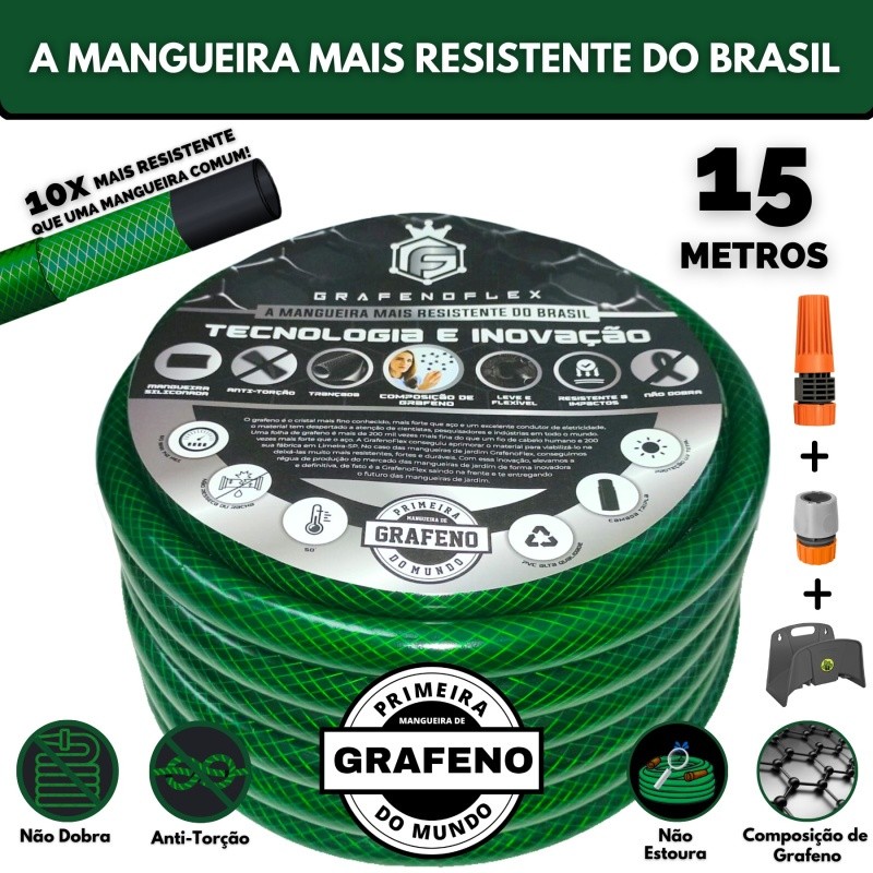 Mangueira de Jardim Verde Siliconada 15M com Suporte - GrafenoFlex Profissional