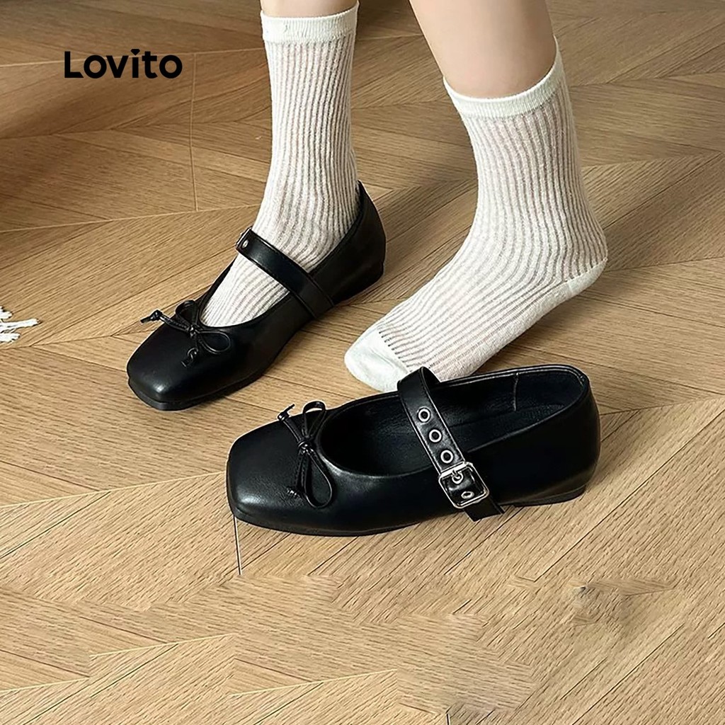 Lovito Sapatos Mary Jane Casuais Com Fivela De Metal Estilo Bailarina Com Laço Para Mulheres LFA109003 em Oferta na Shopee
