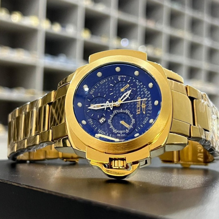 Relógio Masculino Invicta Coalition Dourado e Azul Todo em Aço Inox