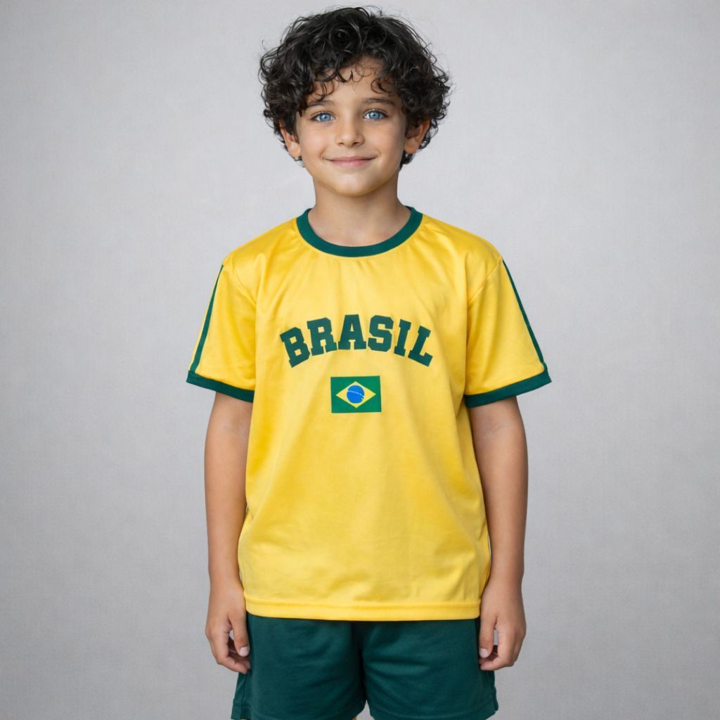 Conjunto infantil juvenil estampada dryfit do brasil tamanhos 02 ao 14