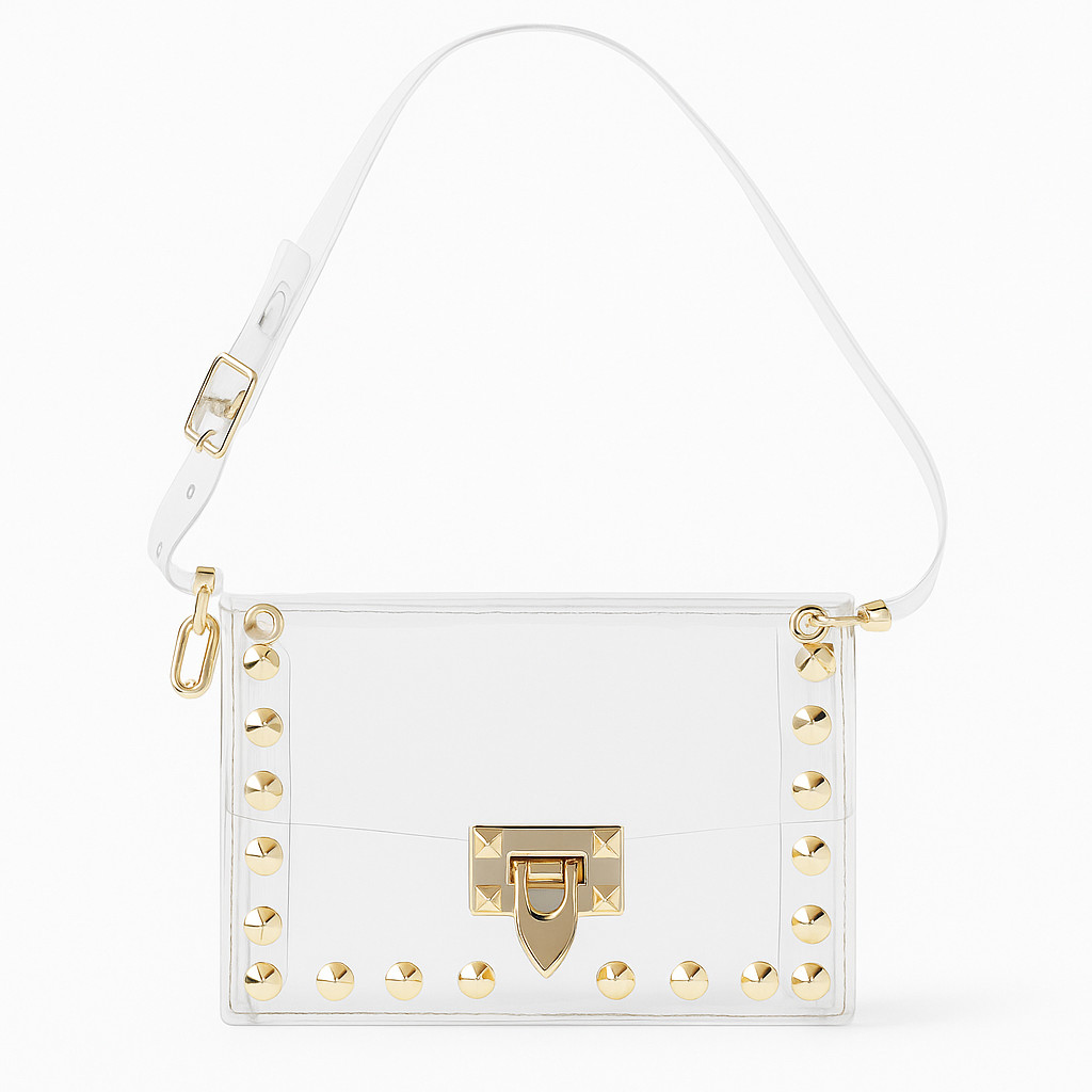 Bolsa Transversal Crystal Transparente com Spikes Dourados Luxo