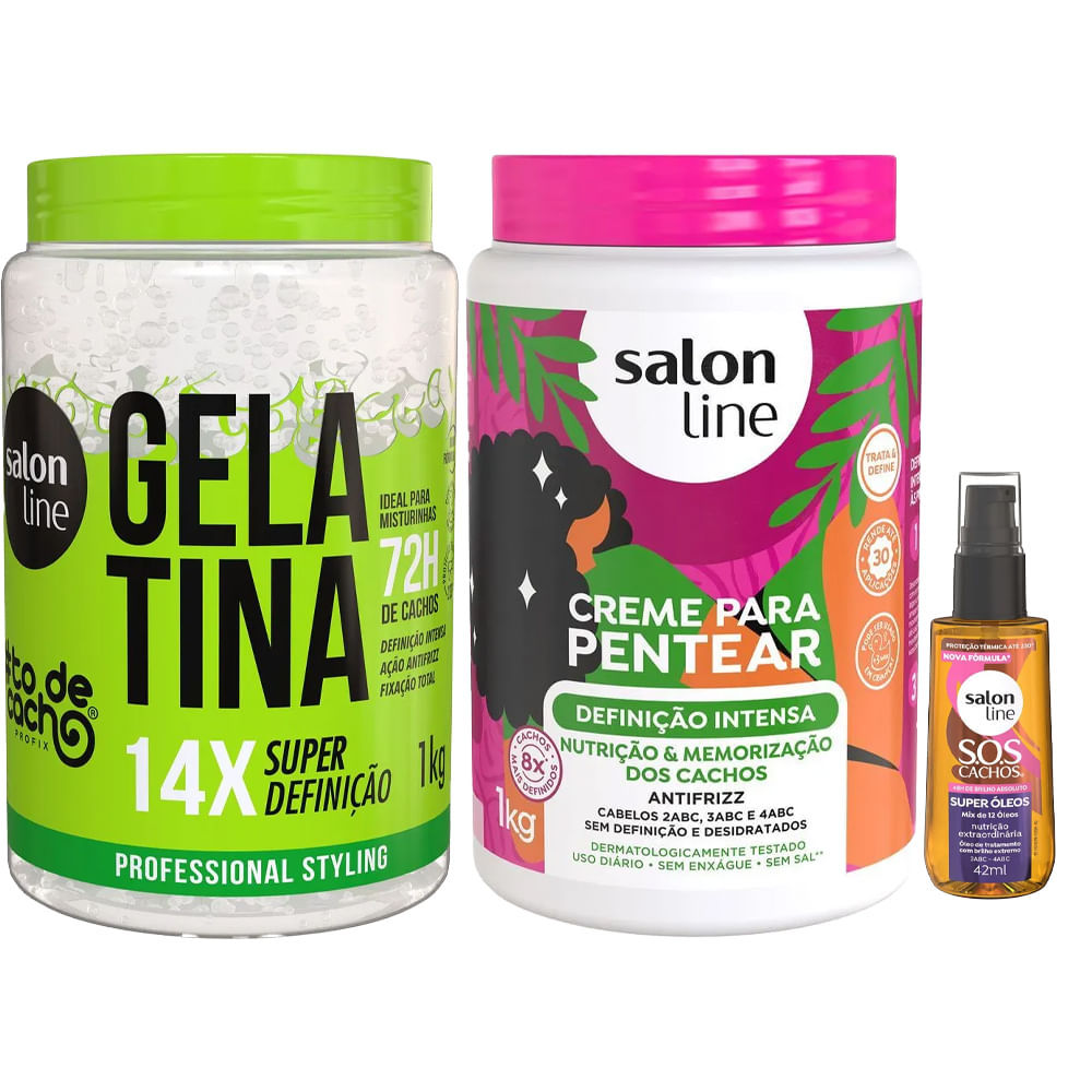 Kit Salon Line Gelatina 1kg + Creme De Pentear Definição Intensa 1Kg + Óleo Capilar Super Óleos 42ml em Oferta na Shopee