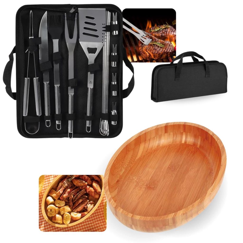 Kit para Churrasco Gamela Bandeja em Bambu Oval 33 Cm + 16 Peças em Inox Premium com Estojo