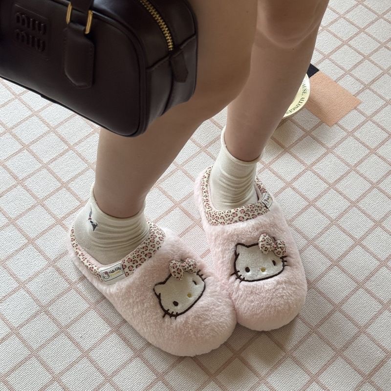 Sanrio chinelos de algodão genuíno feminino inverno interior casa chinelos de pelúcia inverno pelúcia quente casa chinel