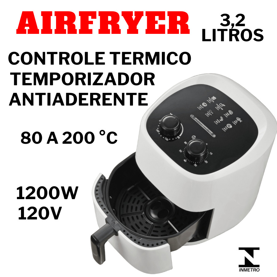 Airfryer Fritadeira Elétrica 3,2L Cozimento 80 A 200 Graus Potência 1200W Antiaderente Temporizador
