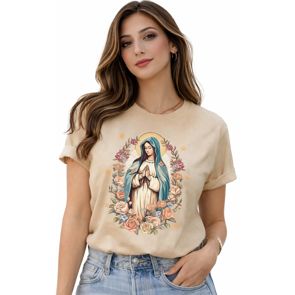 Camiseta T-shirt Feminina Country Virgem Maria Estampada Estilosa 100% Algodao