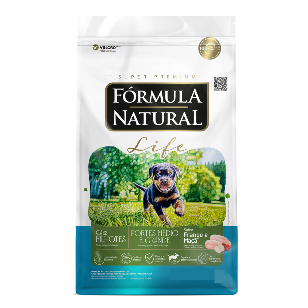 Ração Fórmula Natural Life Cães Filhotes 15kg Porte Médio e Grande Sabor Frango e Maçã