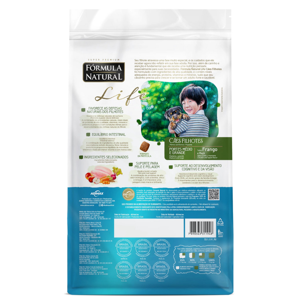 Ração Fórmula Natural Life Cães Filhotes 15kg Porte Médio e Grande Sabor Frango e Maçã