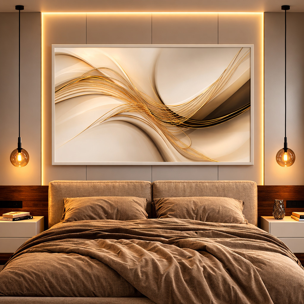 Quadro Decorativo para Sala de Estar Abstrato Dourado Grande com Vidro 90x60cm Premium Realista