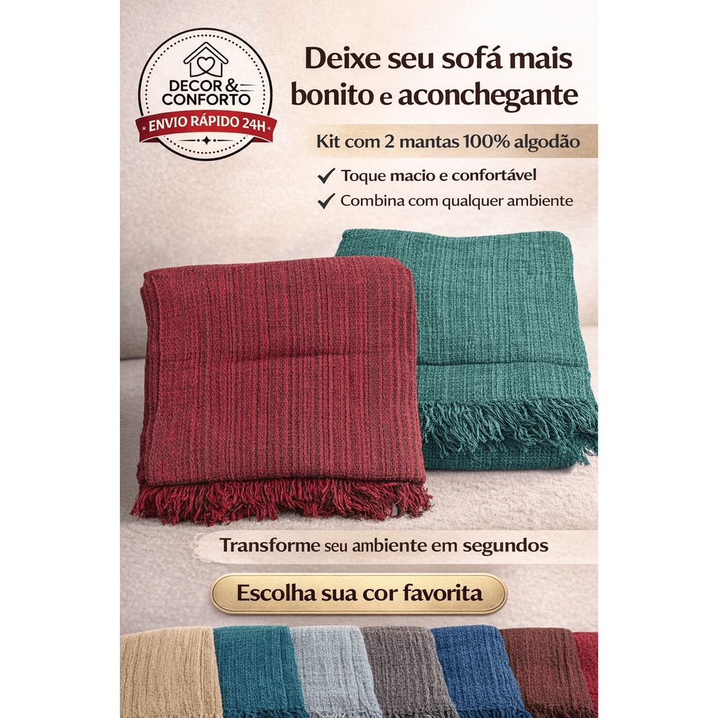 Kit 2 Mantas Para Sofá ou Cama Grande 210×120 Tipo Capa Protetora 100% Algodão Decorativa