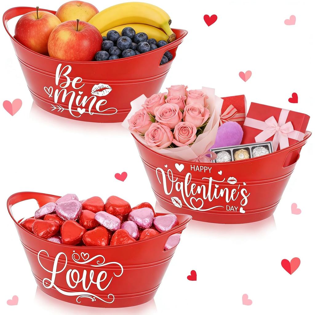 Conjunto de 3 Cestas para Presentes de Dia dos Namorados 9" x 3.5" Cesta de Presente Vazia com Alça Vermelha "Love You"