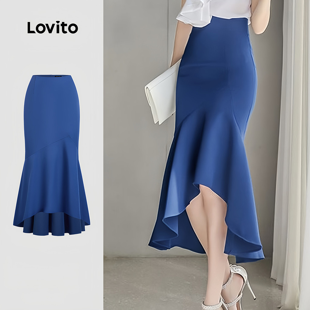 Lovito Saias Elegantes com Babados Bainha Assimétrica Alta e Baixa Primavera/verão Azul para Mulheres L177ED415 em Oferta na Shopee
