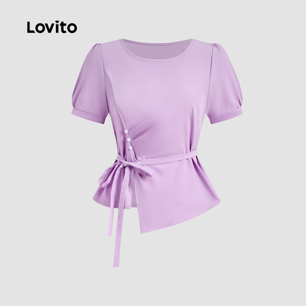 Lovito Elegante Blusa com Cinto Botão Primavera/verão Blusa Roxa para Mulheres L177ED075