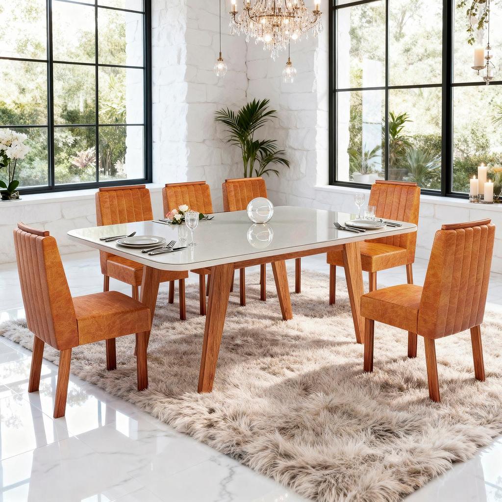 Sala de Jantar 180x90 Mavie MDF/Vidro 6 Cad. Eva Bom Pastor