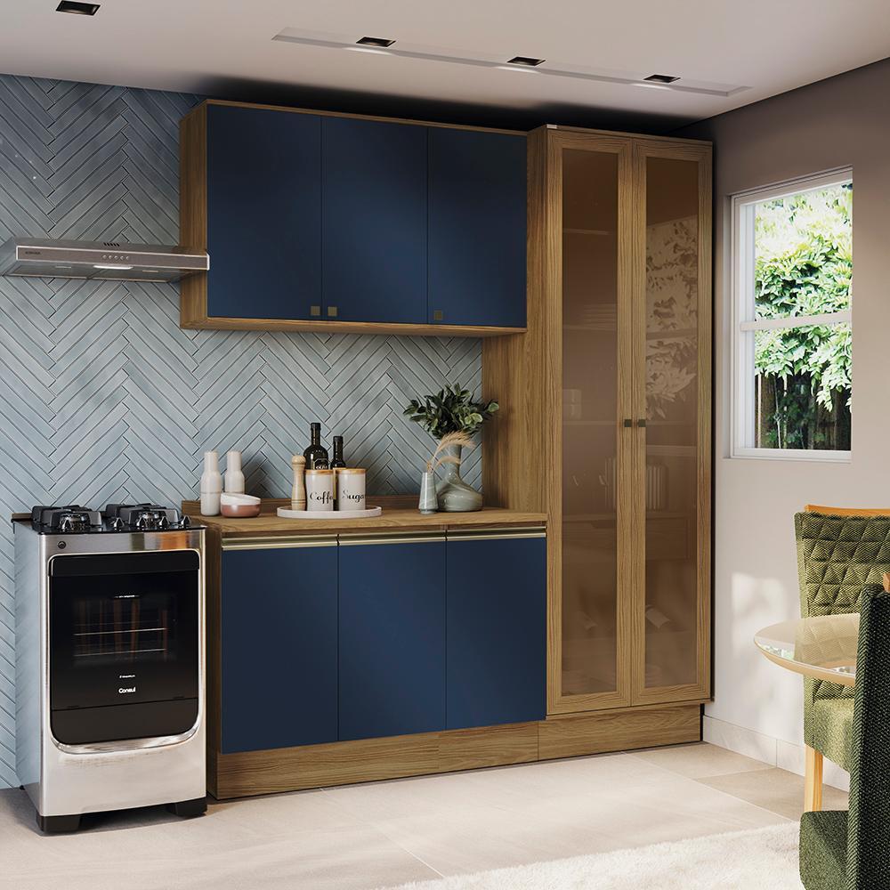 Armário de Cozinha Compacta 100% MDF 192cm Nogueira/Azul Profundo Celeste Kappesberg em Oferta na Shopee