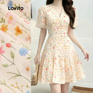 Lovito Vestido elegante flores plissado confortável mas elegante vestido de primavera/verão para mulheres LK3ED1889 em Oferta na Shopee