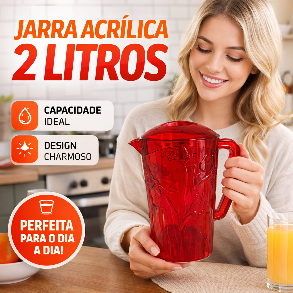 Jarra Acrílica 2L Transparente 3 Cores Tampa Prática Resistente Servir Suco Água Bebidas Cozinha em Oferta na Shopee
