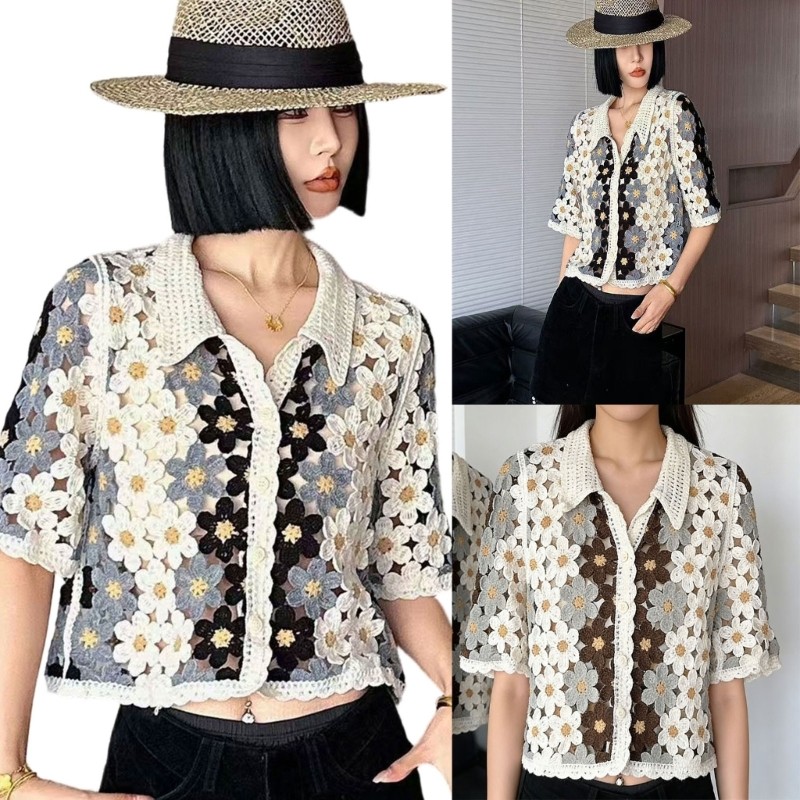 ELE Camisa Feminina De Crochê Com Manga Curta E Botão Frontal , Cardigã Étnico De Malha De Algodão