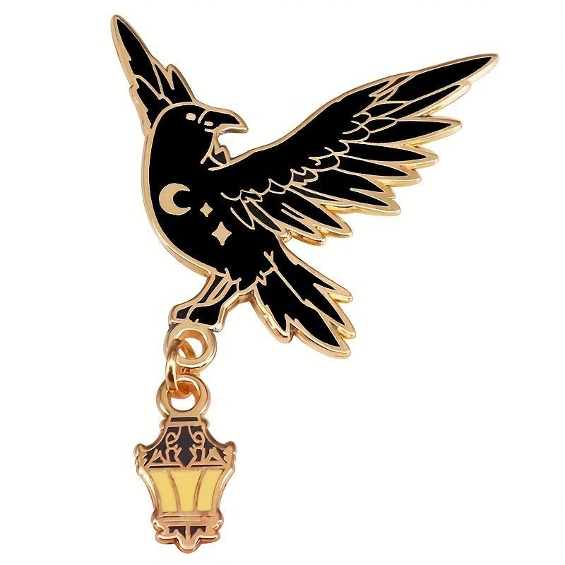 Broche de Esmalte com Glitter Corvo e Lanterna, Distintivo Corvo Estrelado, Broche Pássaro Preto, Decoração de Joia Fant