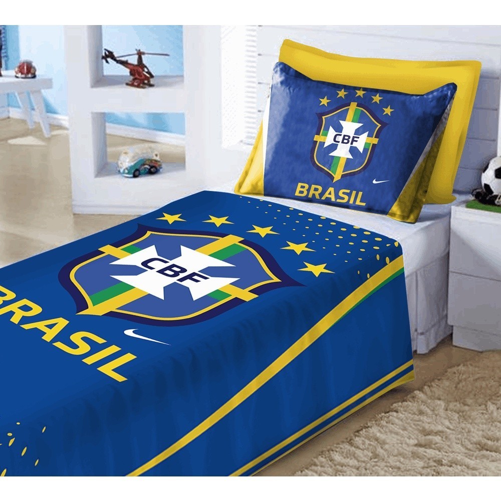 Jogo De Lençol Cobre Leito + Fronha Quarto Infantil Seleção Brasileira Brasil Azul