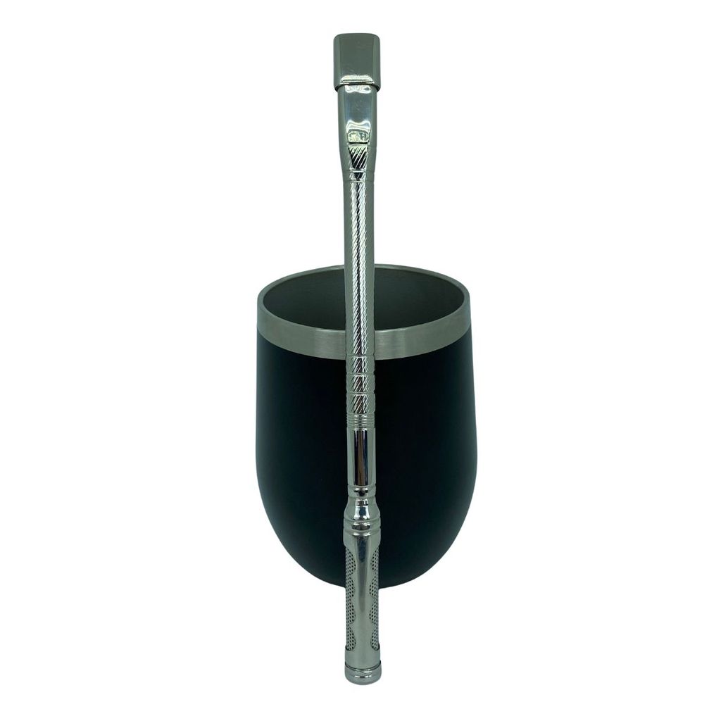 Kit tereré copo cuia térmico 350ml parede dupla inox preto + bomba tela rica 21cm + escova higiênica