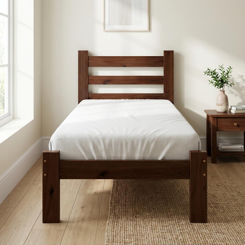 Cama Solteiro com Colchão Madeira Maciça Reforçada Castanho