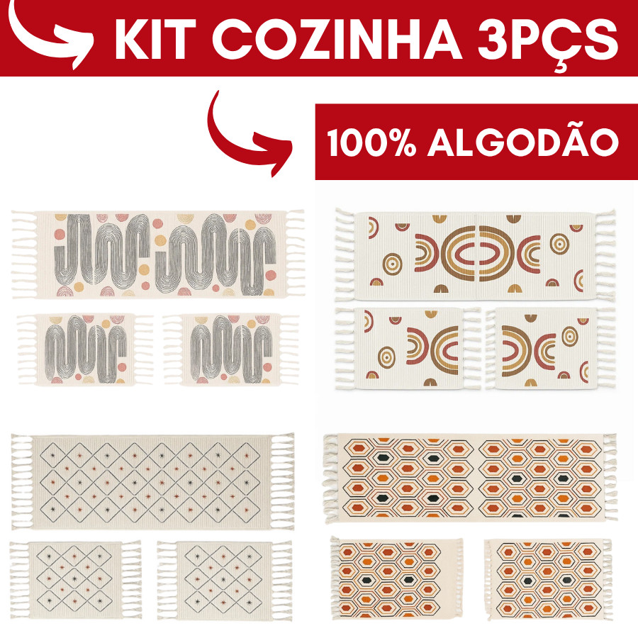 Kit tapete cozinha 100% algodão com passadeira geometric 3pç em Oferta na Shopee