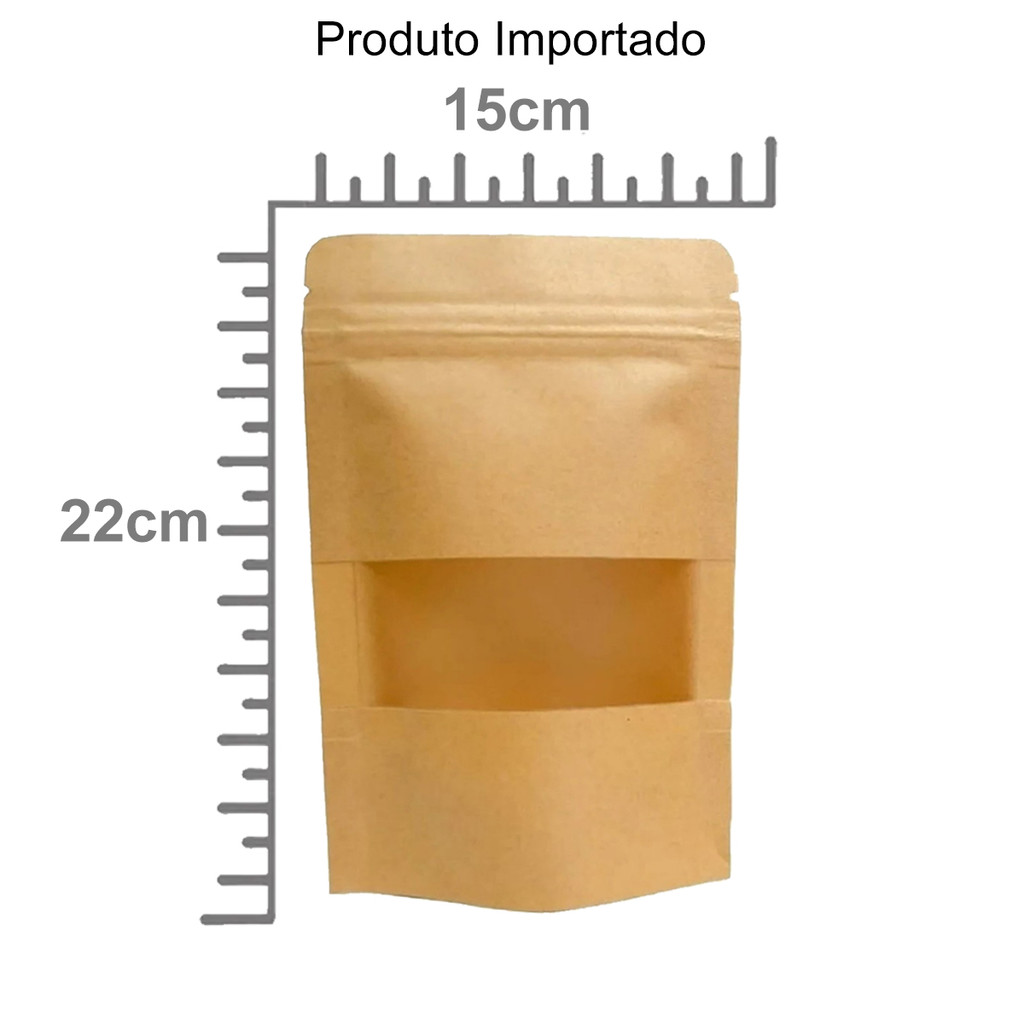 Saco Stand Up Pouch 15x22cm | Papel Kraft com Visor (Janela) - Fecho Zip 50UNID