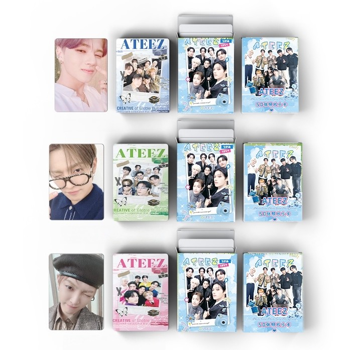 50PCS/Caixa ATEEZ Cartões Holográficos Laser LOMO Hongjoong Seonghwa Yunho Fotográficos Yeosang San Mingi Wooyoung Jongho Holograma Postais Envio Rápido YM em Oferta na Shopee