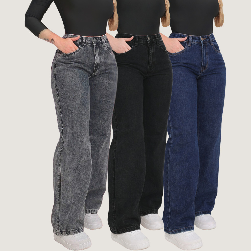 Kit 3 Calça Jeans Wide Leg  Pantalona Cintura Alta Jeans em Oferta na Shopee