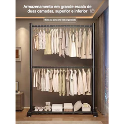 Cabideiro De Chão Arara Com Sapateira Em Aço Desmontável Organizador De Roupas