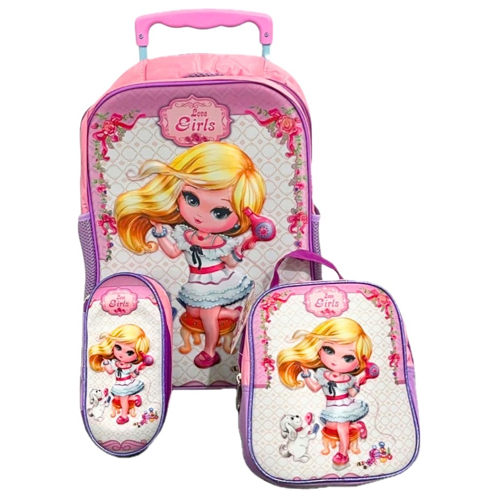 KIT MOCHILA ESCOLAR INFANTIL LOVE GIRL 3D COM RODINHAS + LANCHEIRA TÉRMICA + ESTOJO
