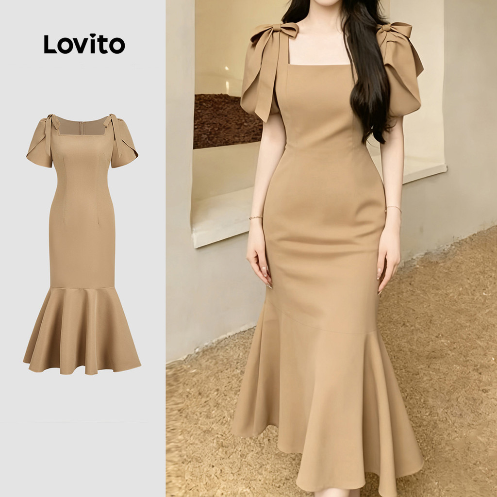 Lovito  Vestido Feminino Leve para Primavera/verão, Casual, com Cadarço, Cor Cáqui claro L172ED407 em Oferta na Shopee