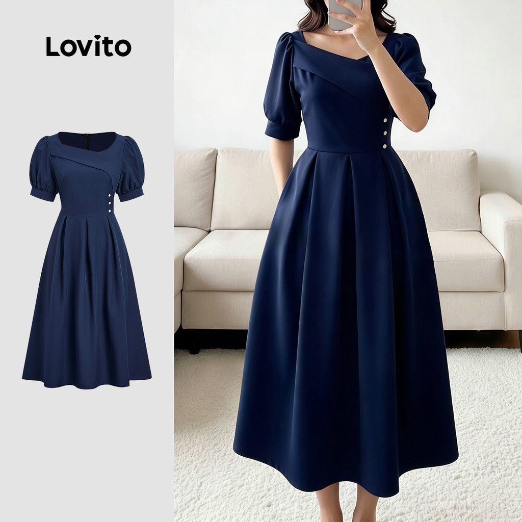 Lovito  Vestido Elegante com Zíper e Pregas Azul Escuro para Mulheres LBL32070 em Oferta na Shopee