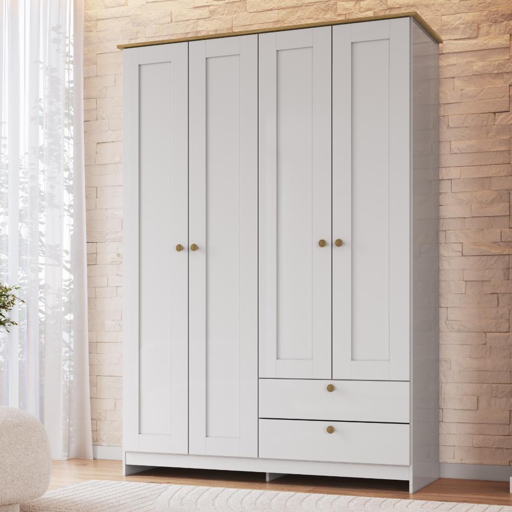 Guarda Roupa Solteiro 4 Portas 2 Gavetas Americano 120cm RP2425 Cor Gelo/Marrom - Decibal Móveis em Oferta na Shopee
