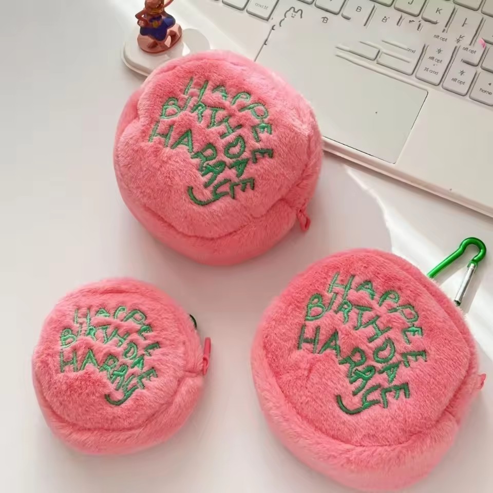 Rosa Bolinhas Bonito Pelúcia Portátil Carteira Mini Moeda Bolsa Fone De Ouvido Cabo Organizador Bolo-Em Forma De Saco De