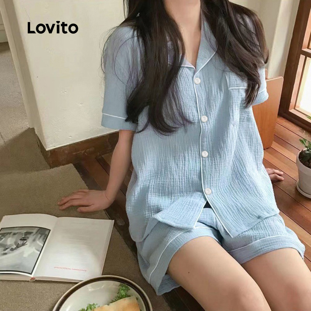 Lovito Conjunto de Pijamas Elegantes Pack de 2 com Padrão Combinado Pijamas Rosa Primavera/Verão LNE117147 em Oferta na Shopee