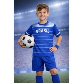 Conjunto Infantil Copa Do Mundo Brasil Menino Menina Roupa Azul e branco  listrado Torcer Futebol em Oferta na Shopee