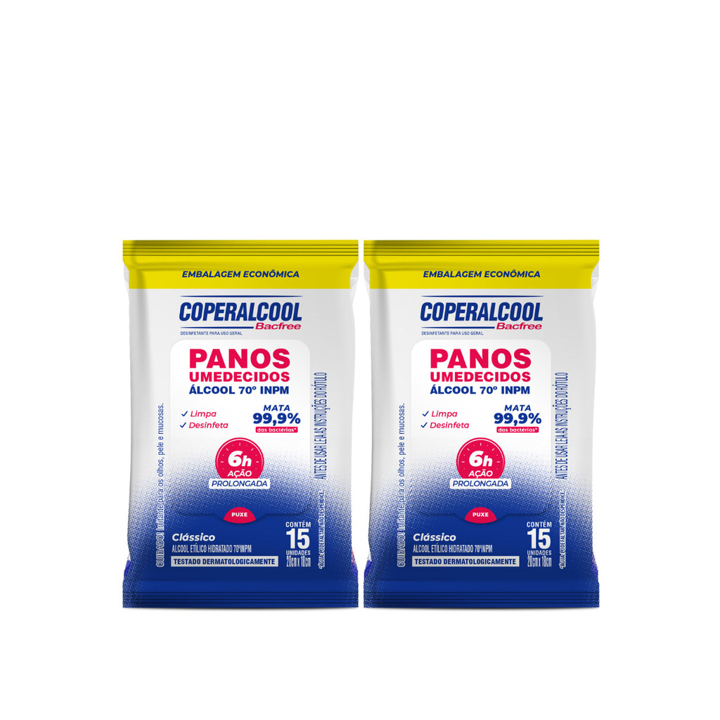 Kit 02 Pacotes de Lenços Umedecidos Clássico com Álcool 15 Lenços cada Coperalcool em Oferta na Shopee