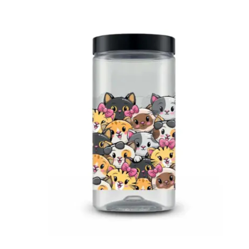 Pote De Plástico Redondo  Mix Cats C Tampa  2000ml Cor Preto