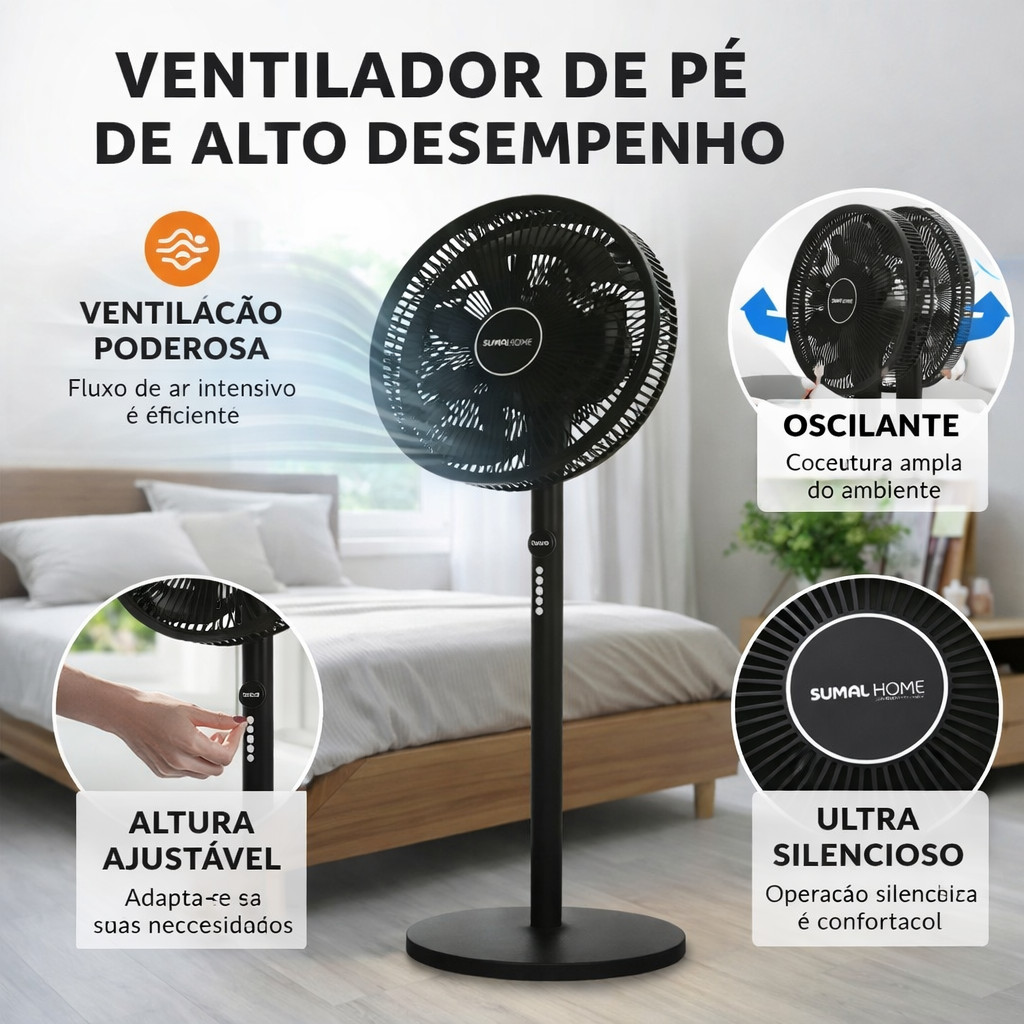 110V | Ventilador de Coluna 40cm 6 Pás Turbo | Oscilação Ampla + 3 Velocidades | Ventilação Rápida