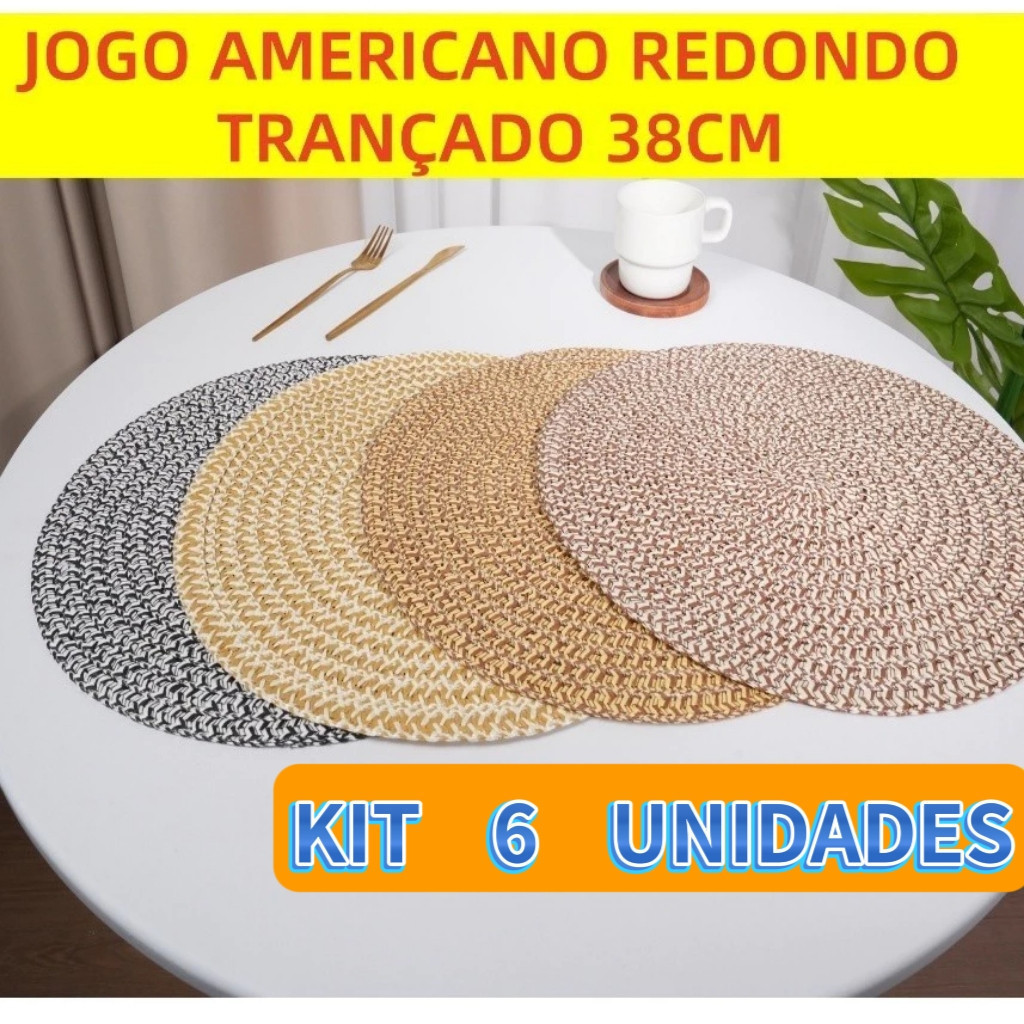 Jogo Americano Redondo 38cm Trançado Artesanal Descanso Mesa Jantar Chique Kit 6 Un Rústica