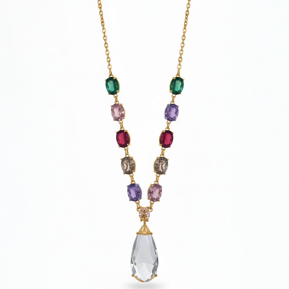 Colar em Formato Oval Segmentado com Cristais Coloridos e Pingente Gota Cristal | Feminino | Banhado Ouro 18K | Semijoia