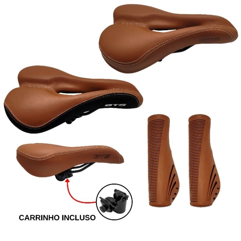Kit Selim Banco Bicicleta Retro Marrom Preto Confort GTS + Manopla Marrom Mtb Confortável