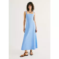 Vestido Midi Evasê Alças Médias Rústico Com Linho