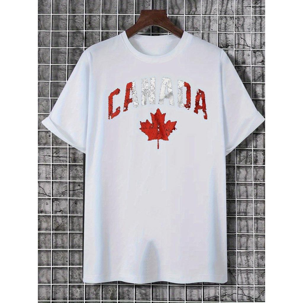 Camiseta Masculina com Estampa de Folha do Bordo Canadense, Gola Redonda e Manga Curta Casual em Mistura Elastano para V