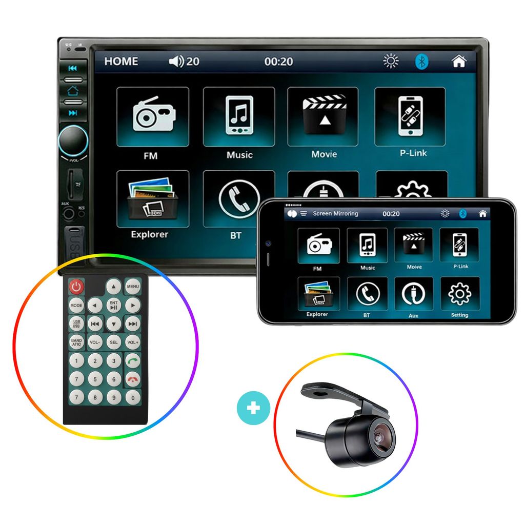Central Multimídia MP5 H-Tech 7'' Espelhamento Android IOS Bluetooth + Câmera De Ré CR50 1 Din 2 Din