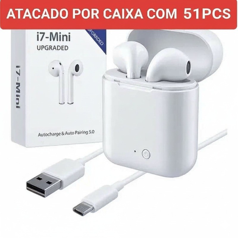 Kit 51 pcs Fone de Ouvido Sem Fio i7 Mini TWS Bluetooth 5.0 Estéreo com Microfone Case de Carga Atacado
