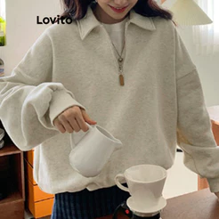 Lovito Fecho Frontal Casual Moletom Com Zíper Liso Primavera E Verão Para Mulheres L102AD477